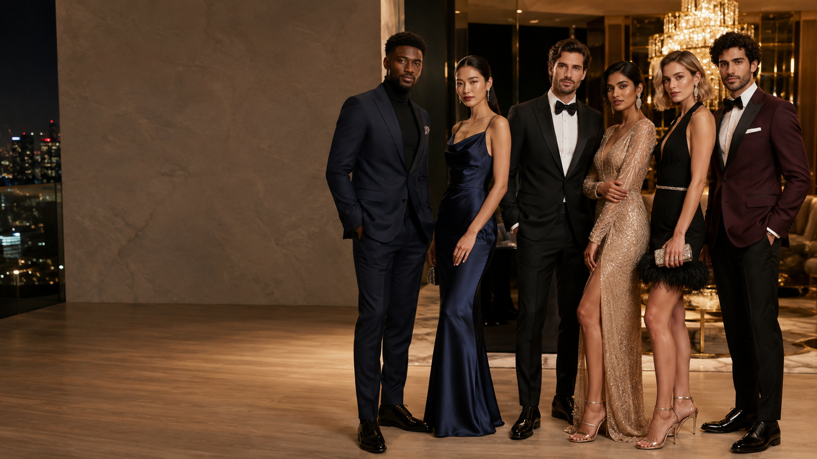 Diverse models wearing dresses, suits and modest occasion wear