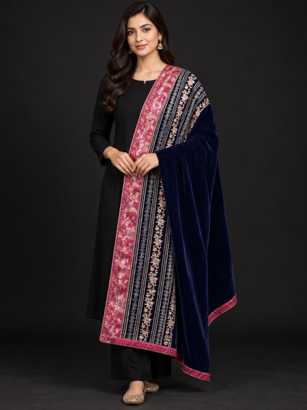 Gulzar Navy & Rose Velvet Shawl